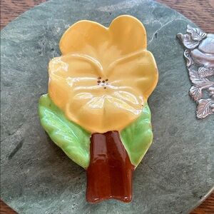 Vintage Yellow Flower Ceramic Spoon Rest with Green Leaves